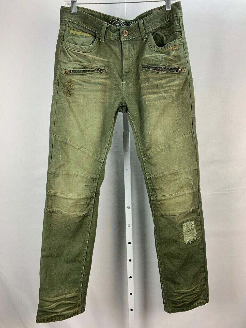 A. Tiziano 32 Jeans Olive Green Faded Destroyed Chino Pants 7 Pocket